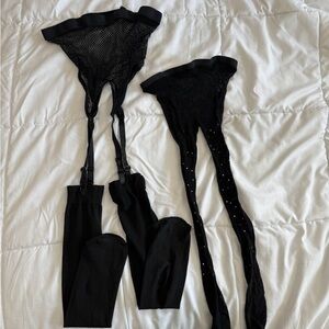 Black Mesh Suspender stocking + bedazzled stockings